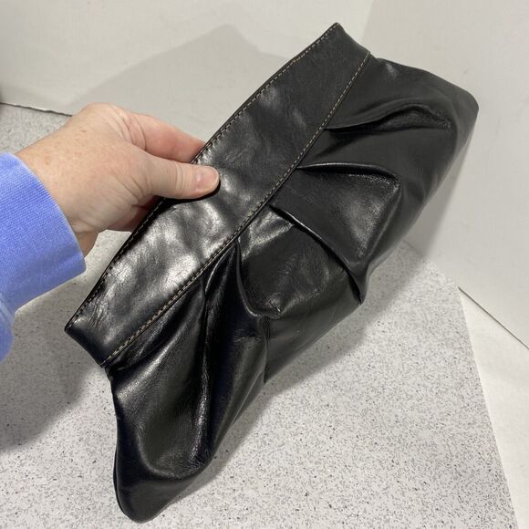 Vintage Y2K Fossil Black Leather Clutch Purse Metal Frame Satin Lining Topstitch - Picture 9 of 10